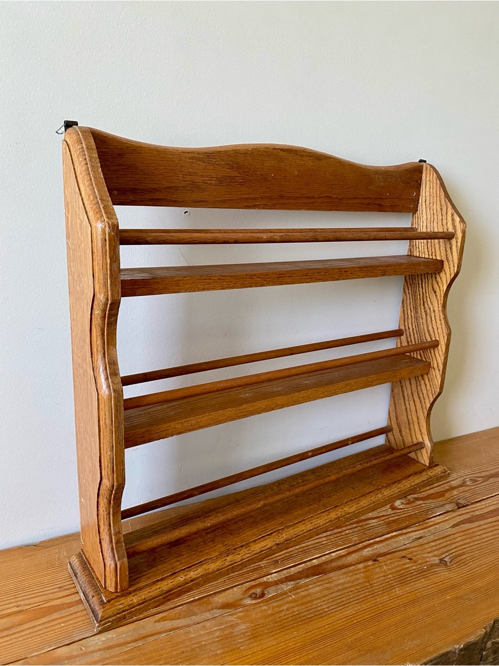 Wooden Wall Shelf Spice Rack Tiered Display Oak Tone - Picture 2 of 5